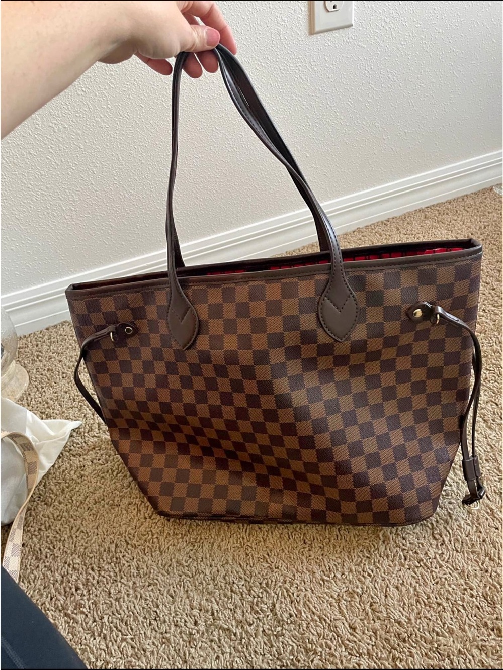 Checked Brown Tote Bag with Dark Trim